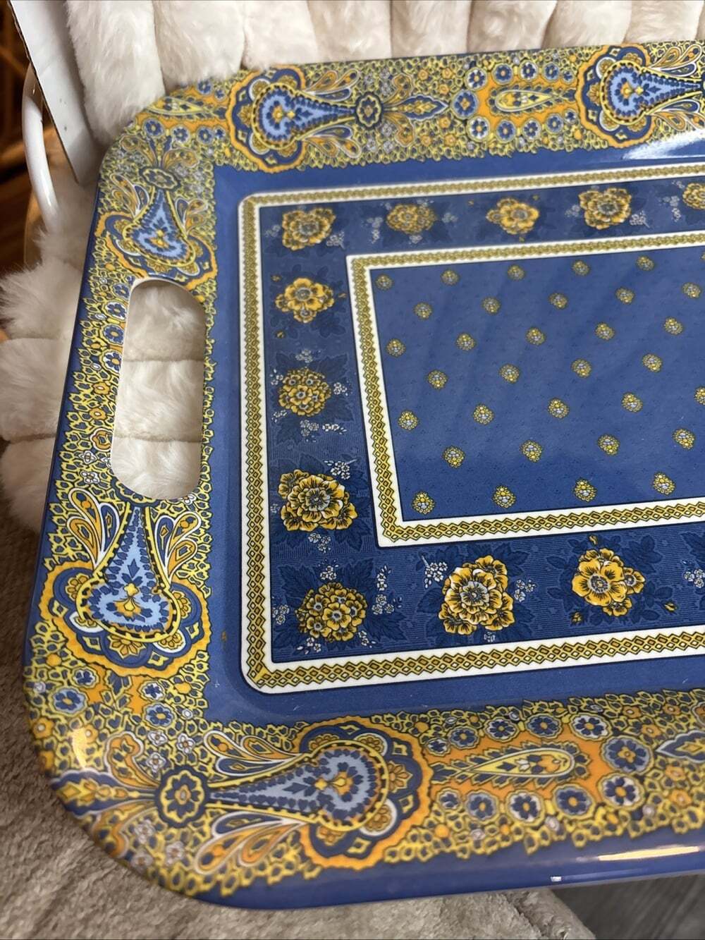 Vintage 90s Marat d'Avignon Melamine Tray Bastide Blue Yellow France 15.5x10.75 - Picture 3 of 8